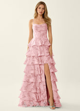 Wrenana Coral Pink Textured Floral Jacquard Prom Dress