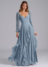 Azazie Karan Dusty Blue A-Line Long Sleeve Chiffon Dress