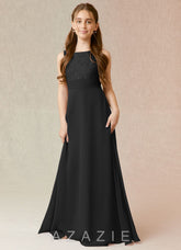 Azazie Snow Junior Black A-Line Lace Chiffon Dress