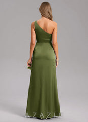 Azazie Phaedra Olive A-Line One Shoulder Stretch Satin Dress olive