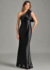 Azazie Yuanna Black Mermaid One Shoulder Metallic Satin Dress black