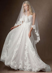 Floral Lace Edge Two Tier Fingertip Wedding Veil with Blusher diamond_white
