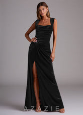 Azazie Genesis Black Sheath Pleated Velvet Dress