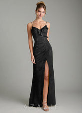 Azazie Larsa Black Mermaid Ruched Floral Jacquard Burnout Dress