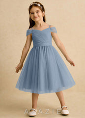 Azazie Lila Girls Formal Dusty Blue A-Line Off the Shoulder Tulle Dress dusty_blue