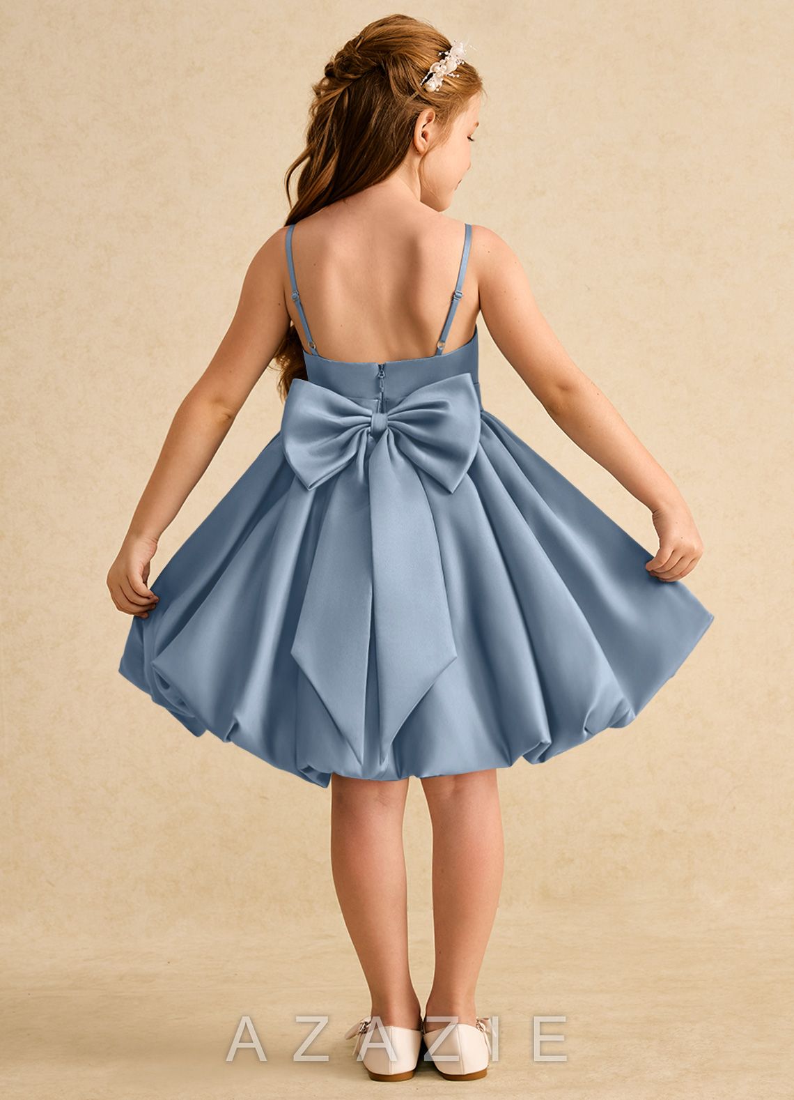 Azazie Davine Dusty Blue A-Line Spaghetti Strap Matte Satin Dress