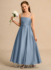 Azazie Pebbles Girls Formal Dusty Blue A-Line Pleated Matte Satin Dress