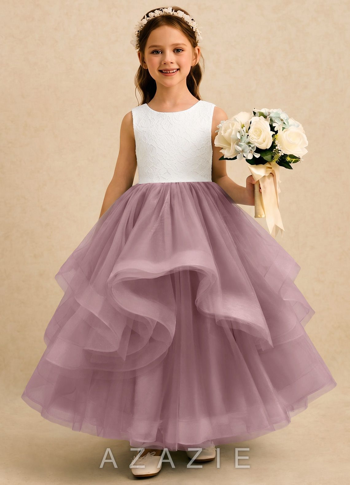 Azazie Madison Ivory Dusty Rose Ball-Gown Lace Tulle Dress