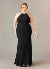 Azazie Tyra Black Mermaid Halter Lace Stretch Crepe Dress black