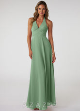 Azazie Tessie Matcha A-Line V-Neck Pleated Chiffon Dress