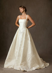 Azazie Delvina Antique White Ball-Gown with Pockets Floral Jacquard Dress antique_white
