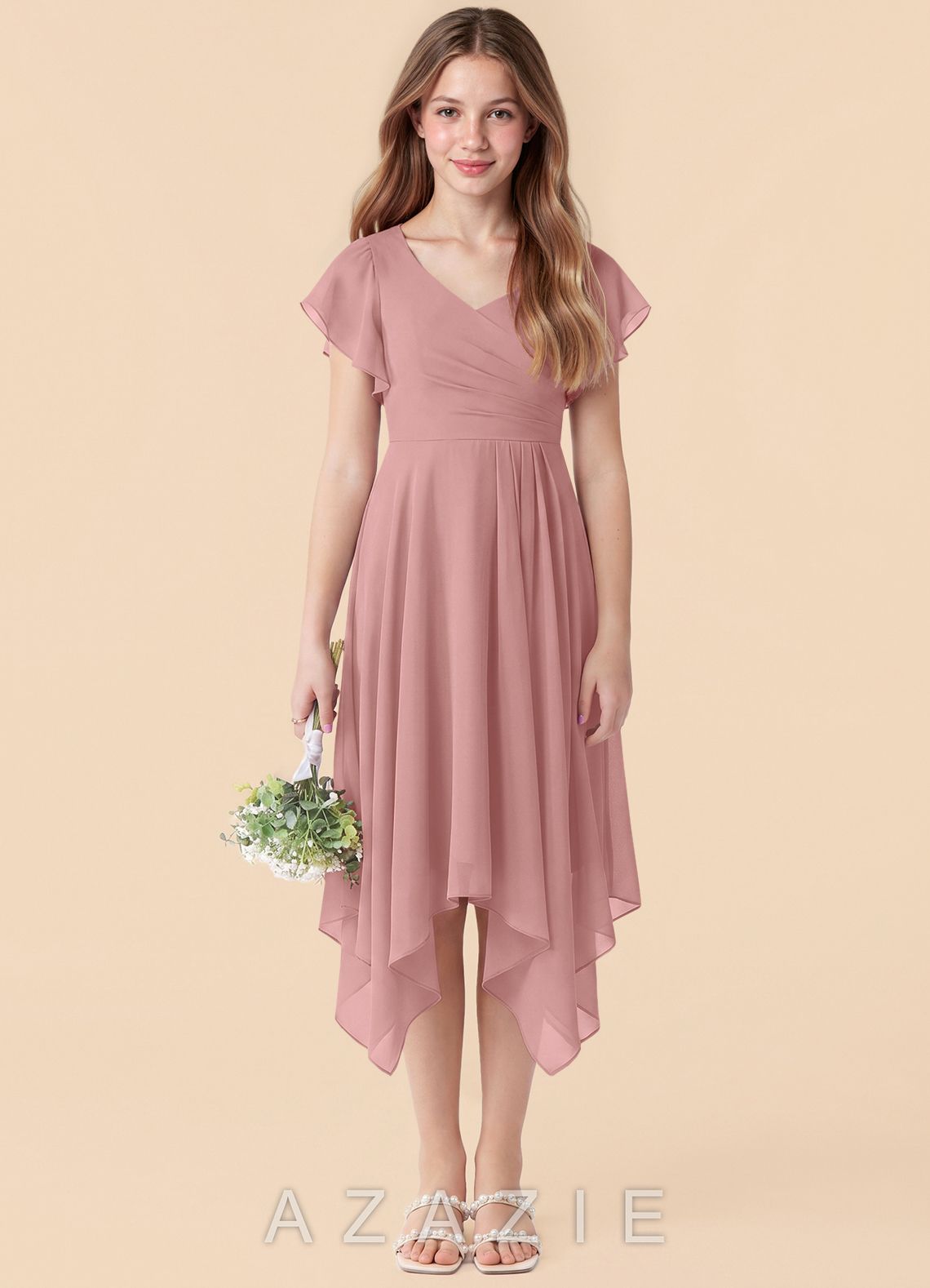 Azazie Janeaurelia Junior Dusty Rose A-Line Pleated Chiffon Dress