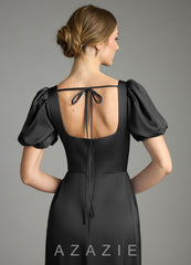 Azazie Fyona Black A-Line Pleated Stretch Satin Dress black