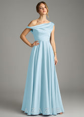 Azazie Xanthe Sky Blue A-Line Off the Shoulder Stretch Satin Dress