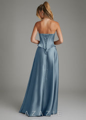 Azazie Amina Dusty Blue A-Line Corset Stretch Satin Dress dusty_blue
