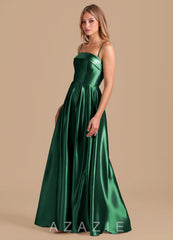 Azazie Lucienne Dark Green A-Line Pleated Metallic Satin Dress dark_green