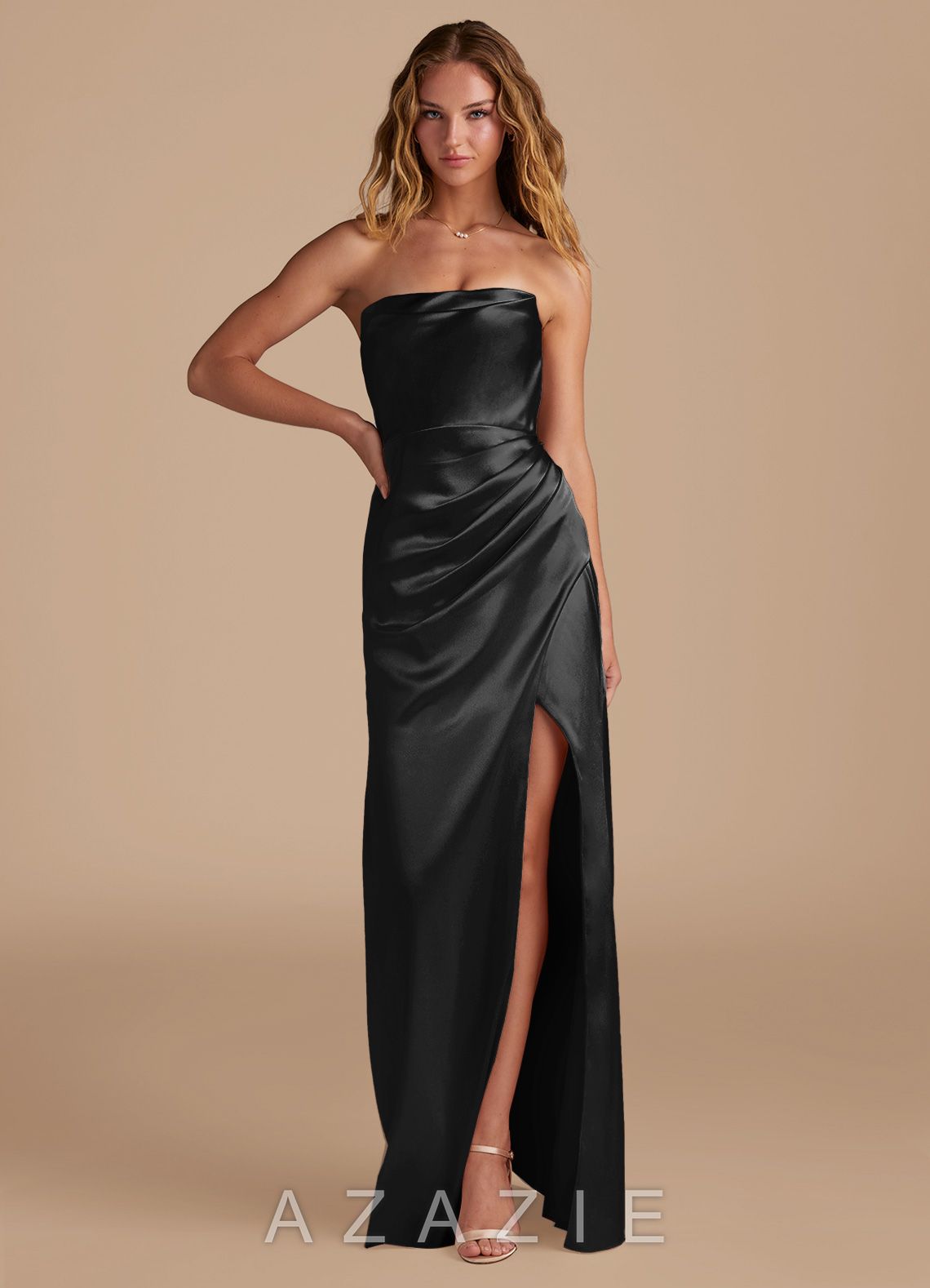 Azazie Leonis Black Mermaid Pleated Metallic Satin Convertible Dress