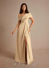 Azazie Milton Champagne A-Line Pleated Stretch Satin Dress