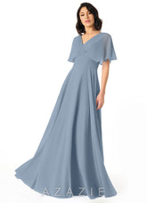 Azazie Pamela Dusty Blue A-Line V-Neck Pleated Chiffon Dress