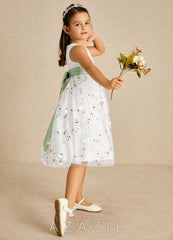 Azazie Pollie Ivory Dusty Sage A-Line Bow Tulle Dress ivory/dusty_sage