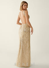 Hazelen Champagne V-Neck Sequined Lace Tulle Prom Dress sp_champagne_#ce224