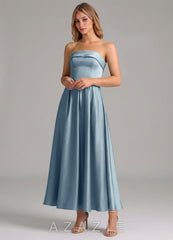 Azazie Lucienne Dusty Blue A-Line Pleated Stretch Satin Dress dusty_blue