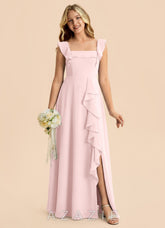 Azazie Nori Junior Blushing Pink A-Line Ruched Chiffon Dress
