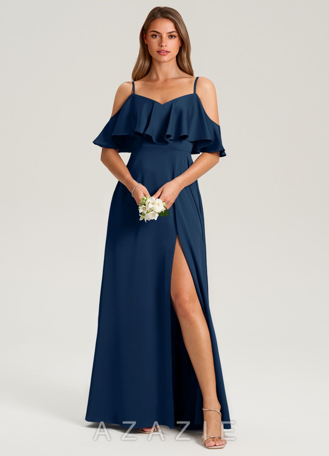 Azazie Jean Dark Navy A-Line Off the Shoulder Stretch Satin Dress