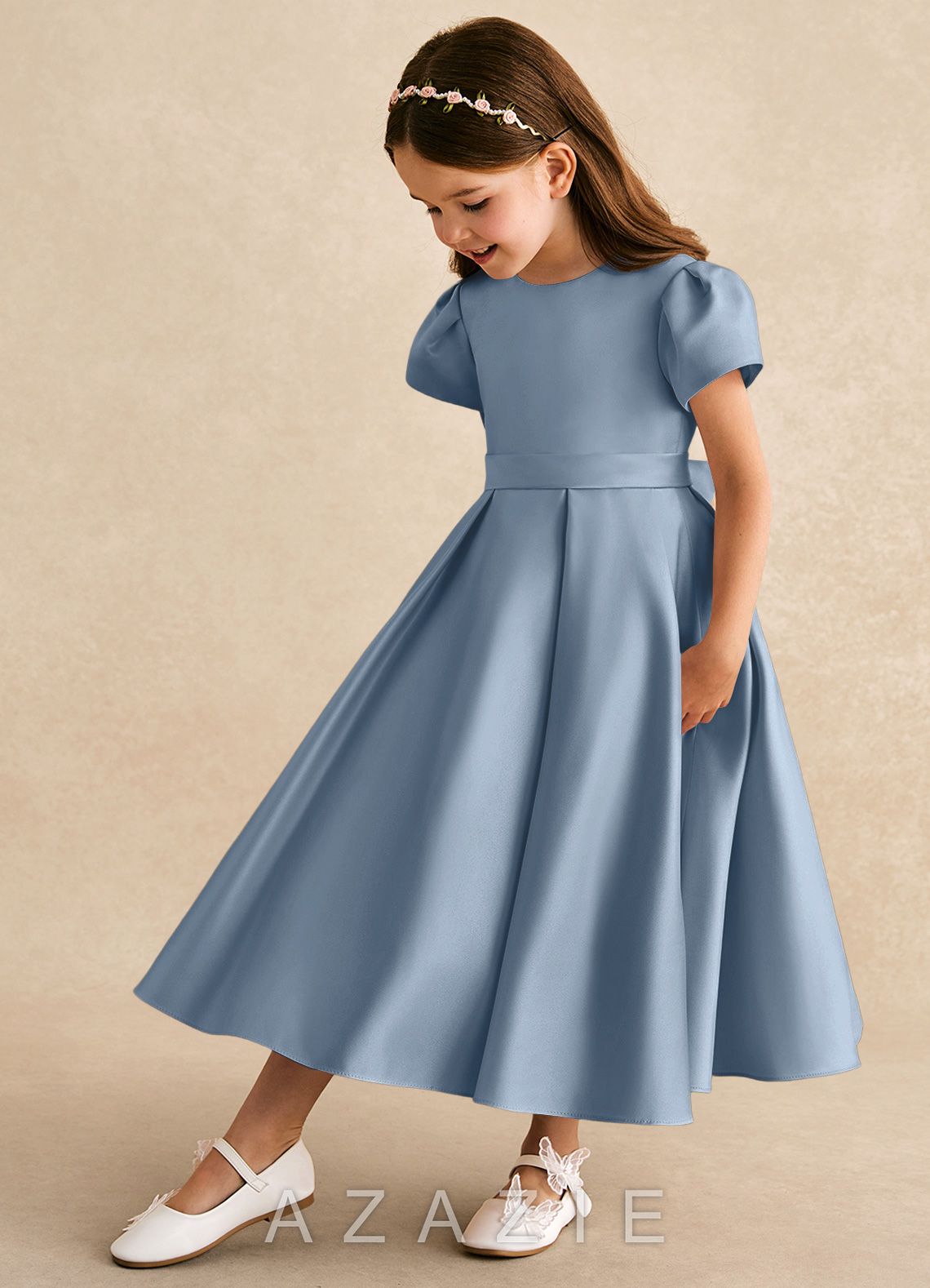 Azazie Princess Dusty Blue A-Line Pleated Matte Satin Dress