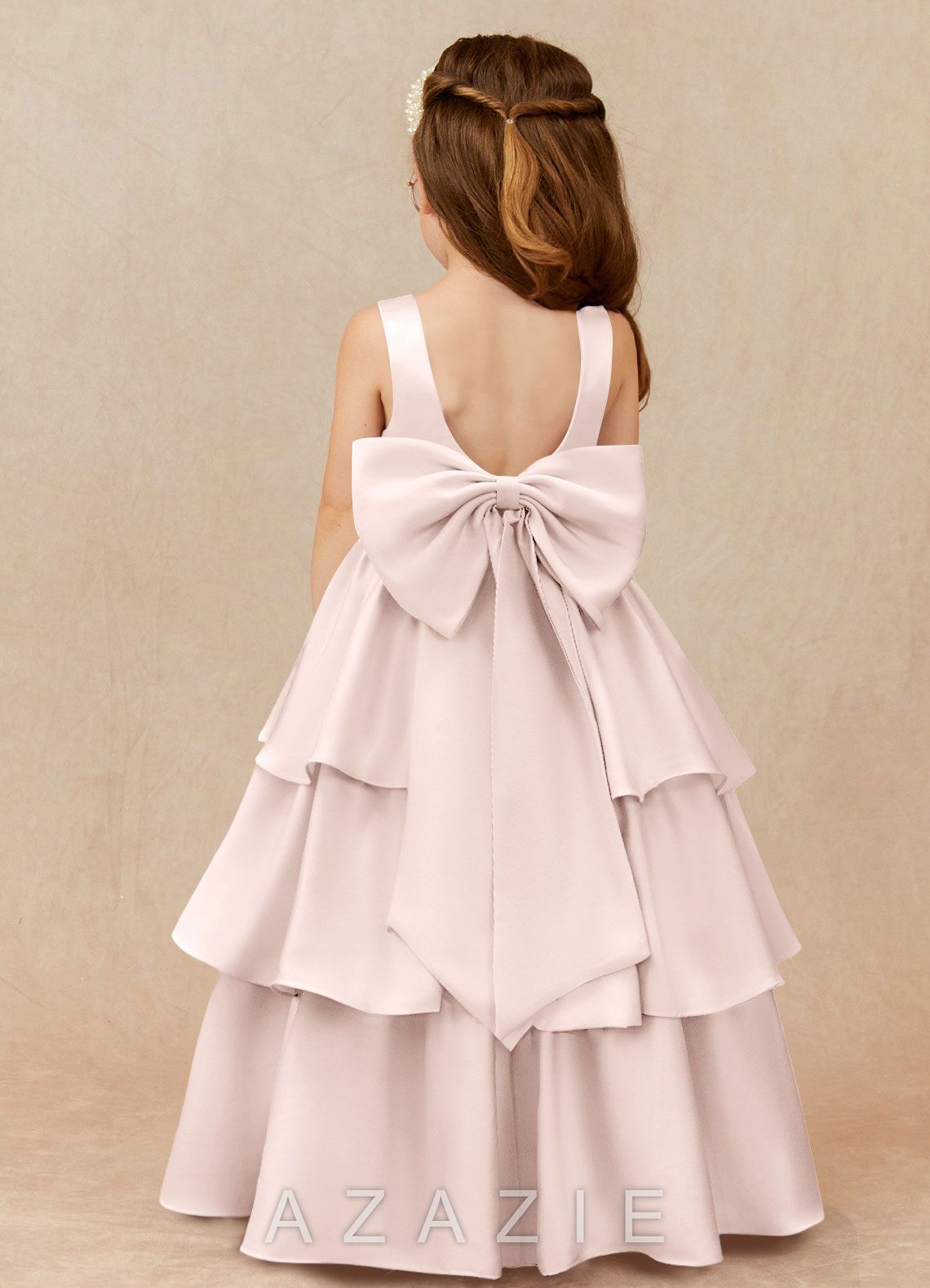 Azazie Margie Blushing Pink A-Line Bow Stretch Satin Dress