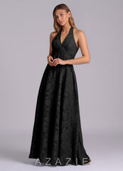Azazie Tessie Black A-Line Pleated Floral Burnout Dress black