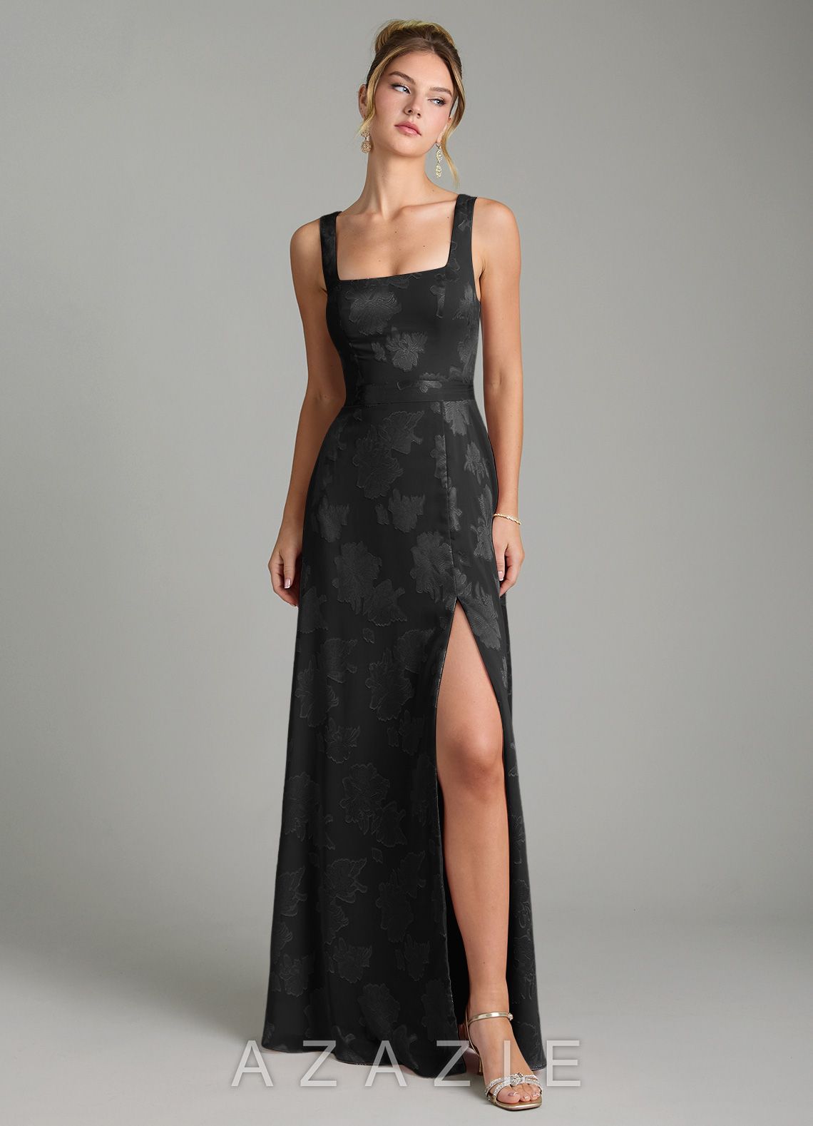 Azazie Cheyenne Black A-Line Pleated Floral Jacquard Burnout Dress
