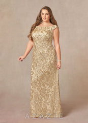 Azazie Porcelain Champagne A-Line Off the Shoulder Lace Dress champagne