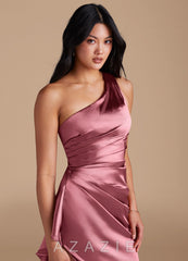 Azazie Latrice Desert Rose Sheath One Shoulder Metallic Satin Dress desert_rose