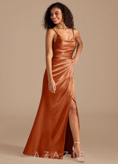 Azazie Deandra Auburn Mermaid Pleated Metallic Satin Dress auburn