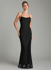 Azazie Mae Black Mermaid Pleated Stretch Satin Dress