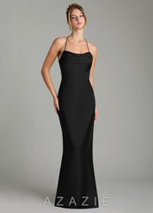 Azazie Mae Black Mermaid Pleated Stretch Satin Dress