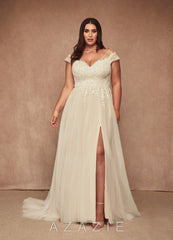 Azazie Bellisima Wedding Dress Diamond White Champagne A-Line V-Neck Tulle Dress diamond_white/champagne