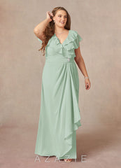 Azazie Snapdragon Agave A-Line V-Neck Ruched Chiffon Dress agave