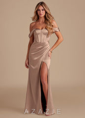 Azazie Asha Taupe Sheath Off the Shoulder Metallic Satin Dress