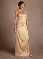 Azazie Lawrence Champagne A-Line Pleated Stretch Satin Dress champagne