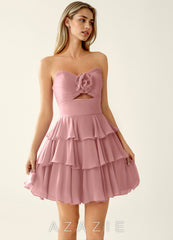 Orosecy Dusty Pink Cut-out Waist Ruffles Chiffon Mini Dress