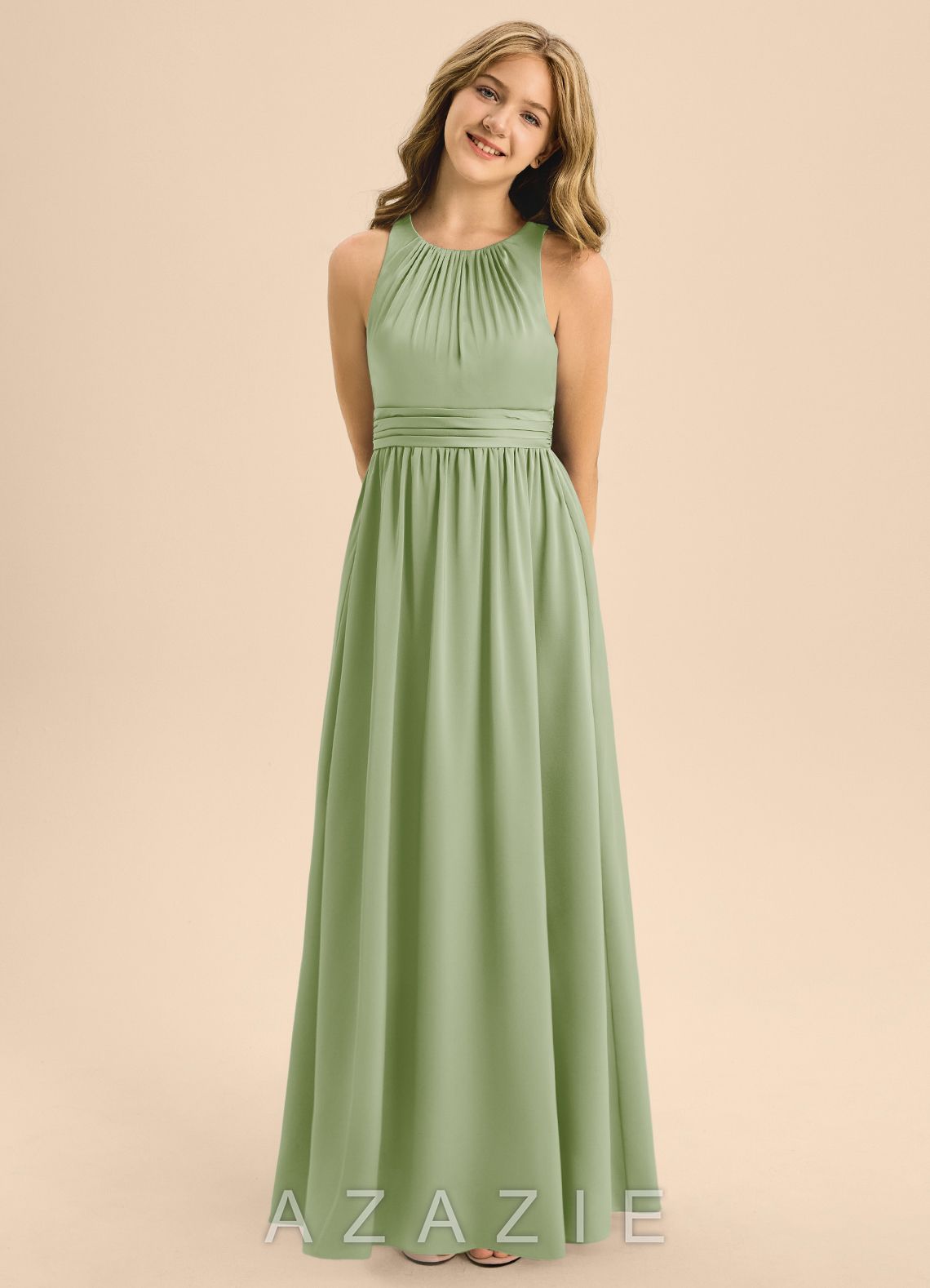 Azazie Jaylah Junior Dusty Sage A-Line Pleated Stretch Satin Dress