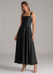 Azazie Shaude Black A-Line Pleated Stretch Satin Dress black