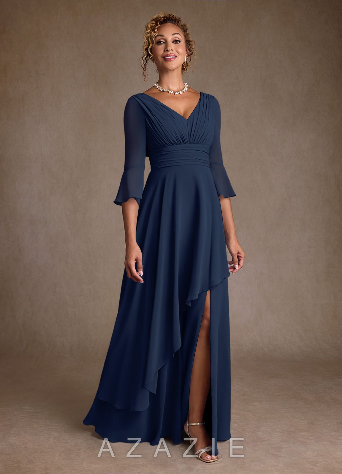 Azazie Eire Dark Navy A-Line Pleated Chiffon Dress