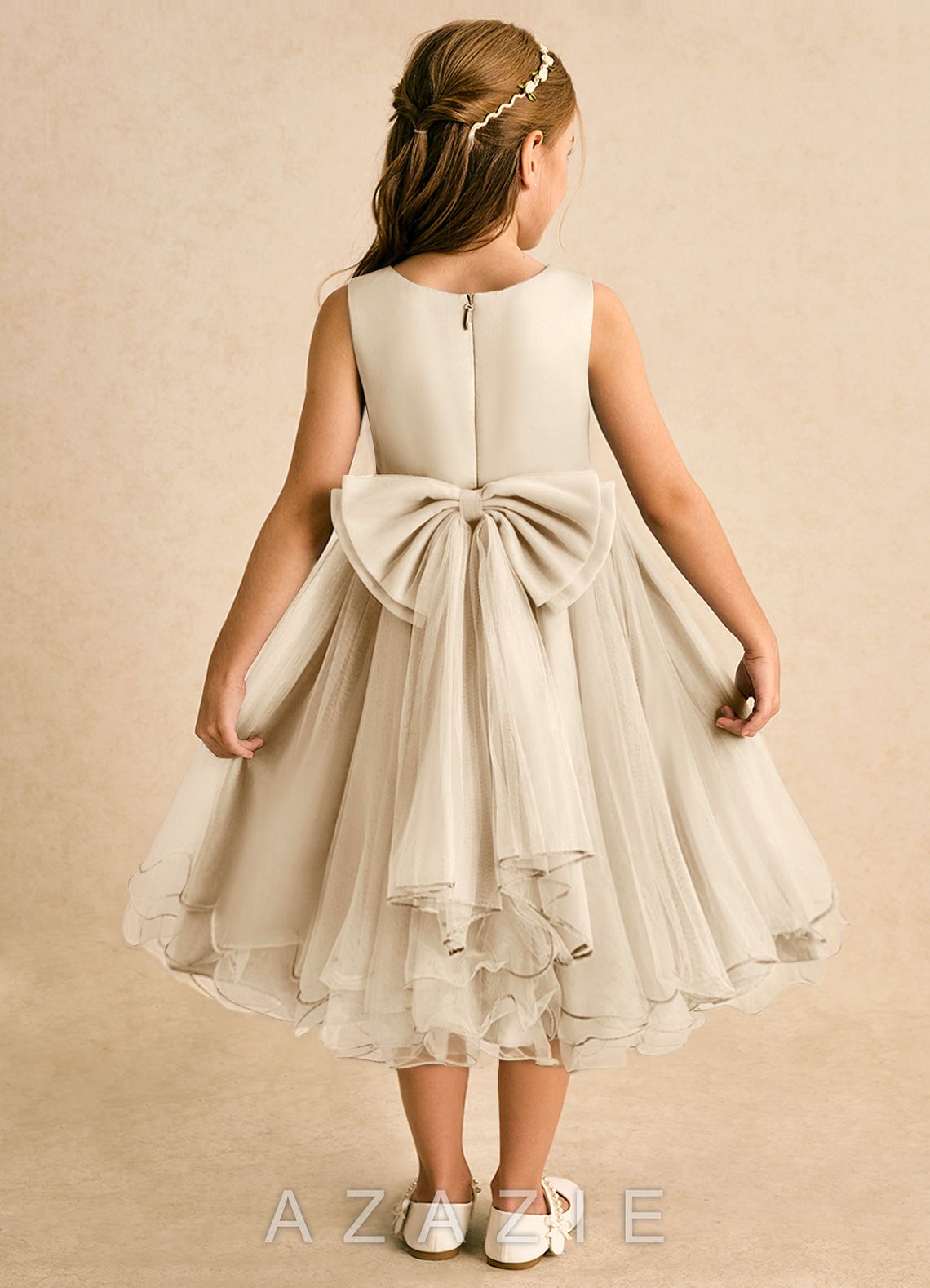 Azazie Lass Champagne A-Line Bow Tulle Dress