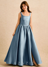 Azazie Enid Girls Formal Dusty Blue A-Line Beaded Stretch Satin Dress