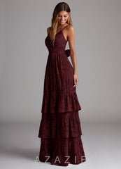 Azazie Nathalia Cabernet A-Line Bow Floral Burnout Dress cabernet
