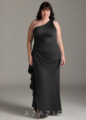 Azazie Latrice Black Sheath One Shoulder Cascading Ruffles Stretch Satin Dress black