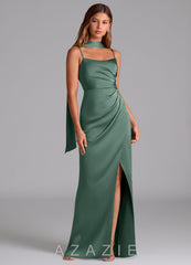 Azazie Calandra Eucalyptus Sheath Pleated Stretch Satin Dress eucalyptus